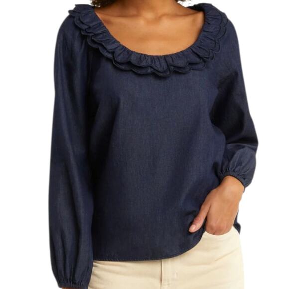 $118 NEW DRAPER JAMES Chambray Denim Peasant Top Blouse 1X Ruffle‎ Boho Feminine - Picture 1 of 12